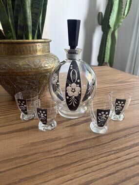 Vintage 1930s Bohemian Glass Decanter Set With Shot Glasses Black Art Deco Glass